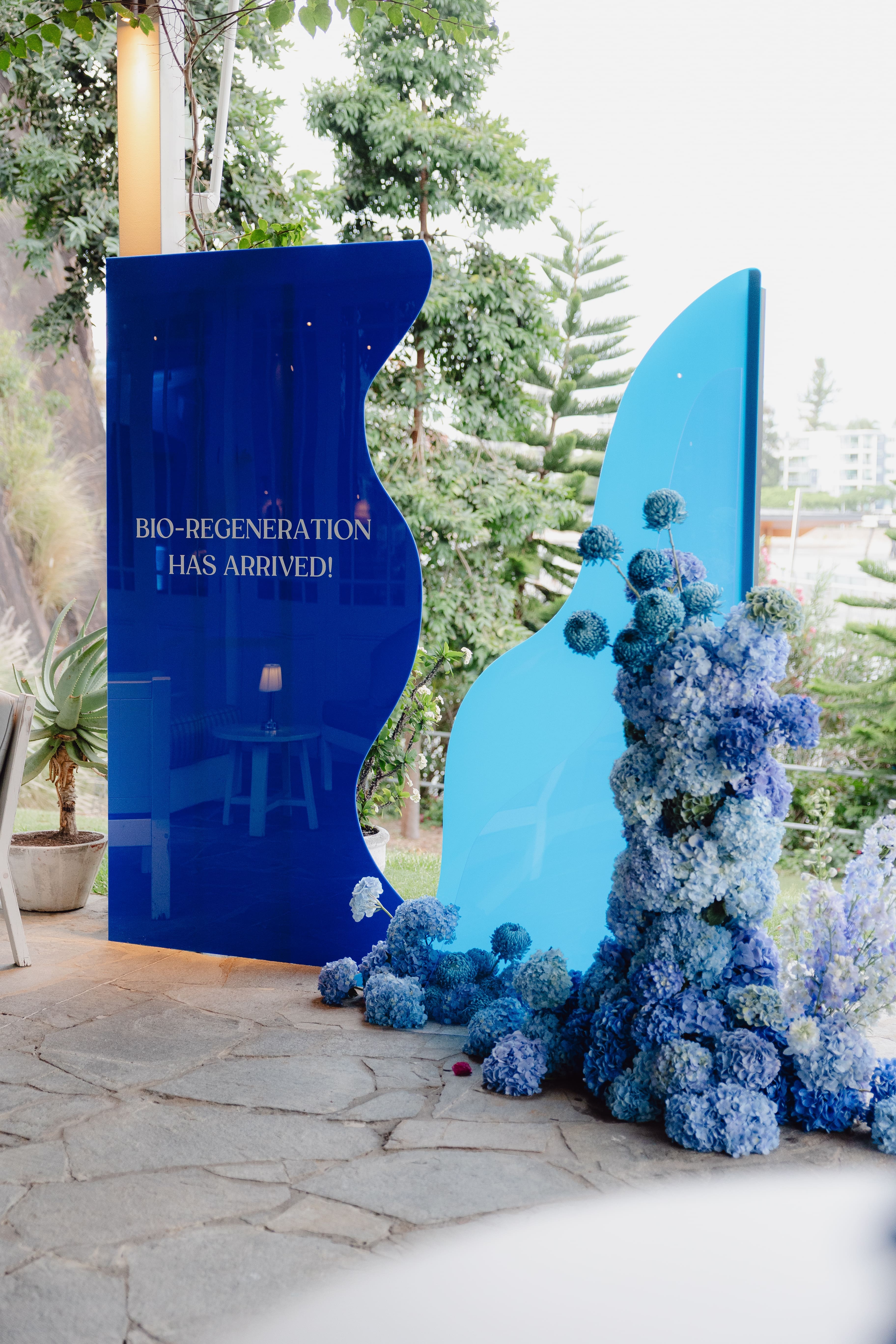 Luxury blue floral installation designed by Stem Design for a premium corporate event in Brisbane.