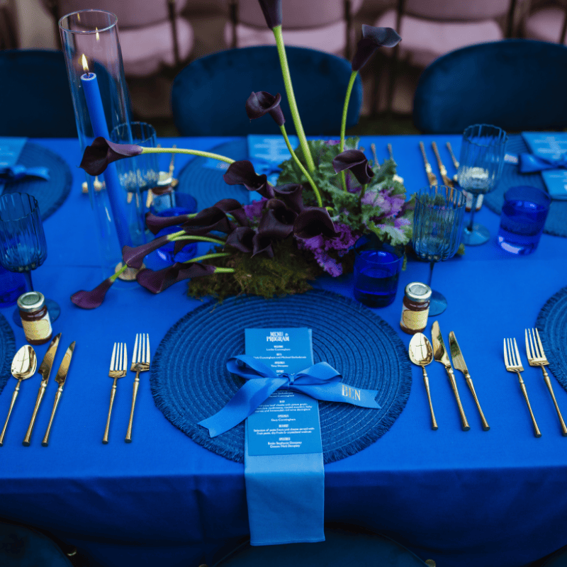 Blue event flowers and tablescape styling in Brisbane
