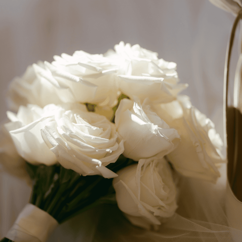 Close-up of white wedding flowers in a bridal bouquet